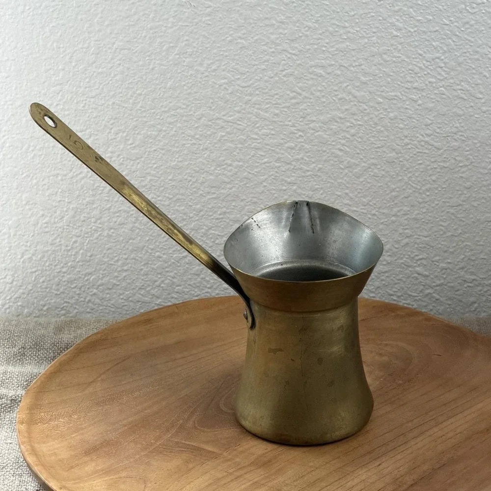 Antique Brass Cezve Turkish Coffee Pot Ibrik Size 5 Long Handle Tin Lined Patina